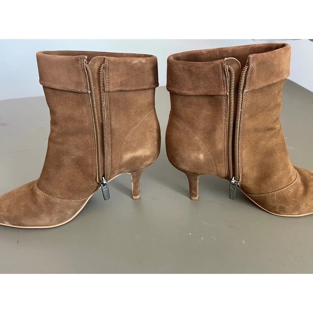 Vince Camuto Brown Suede Pointed Toe Kitten Heel Ankle Booties Fold Over Cuff